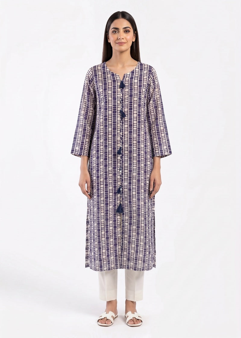 Navy Blue Geometric Printed Long Kurta