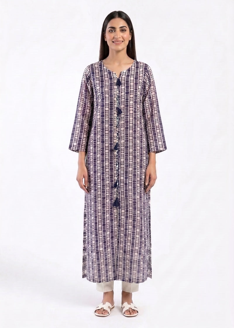 Navy Blue Geometric Printed Long Kurta