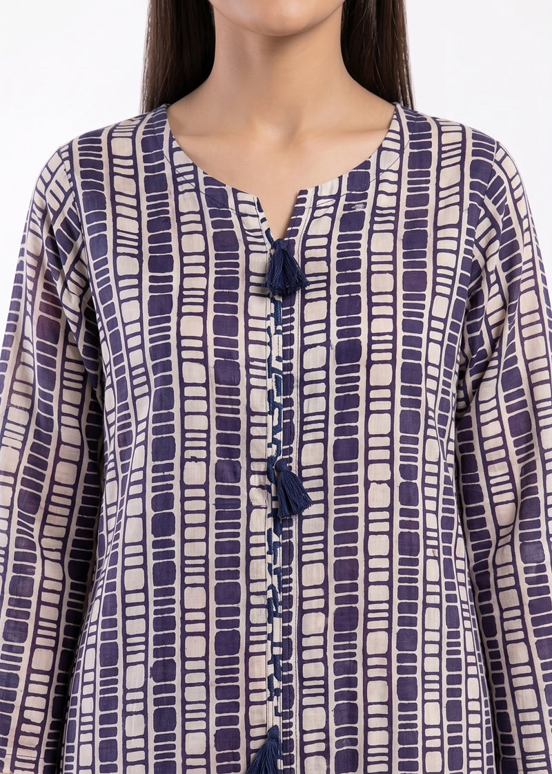 Navy Blue Geometric Printed Long Kurta