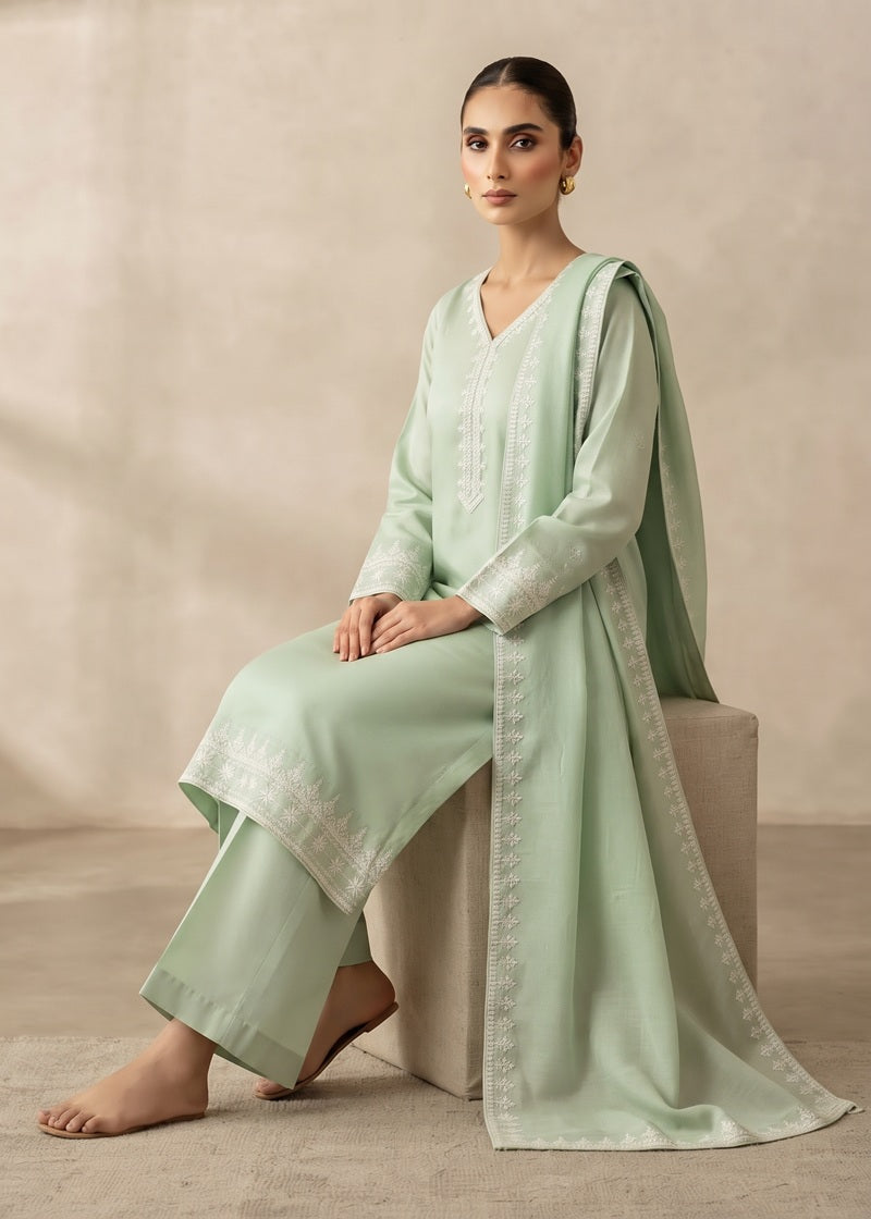 Mint Grace Embroidered 3-Piece Dhanak Suit