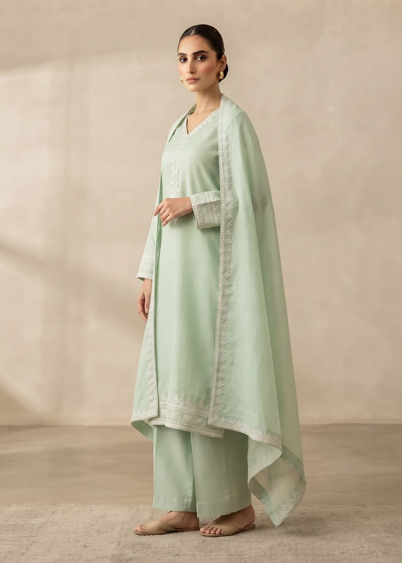 Mint Grace Embroidered 3-Piece Dhanak Suit