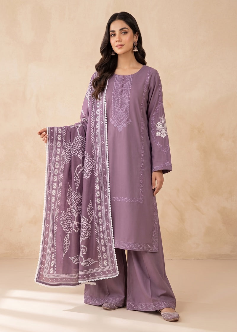 Mauve Elegance Embroidered 3-Piece Dhanak Suit