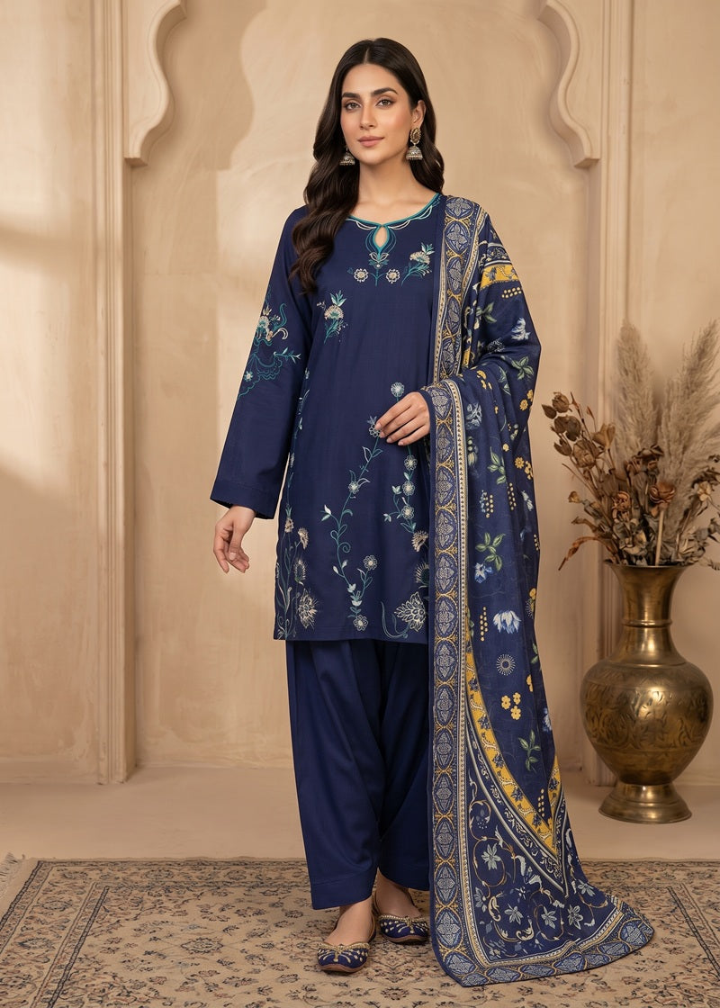 Midnight Bloom Embroidered Dhanak 3-Piece Suit