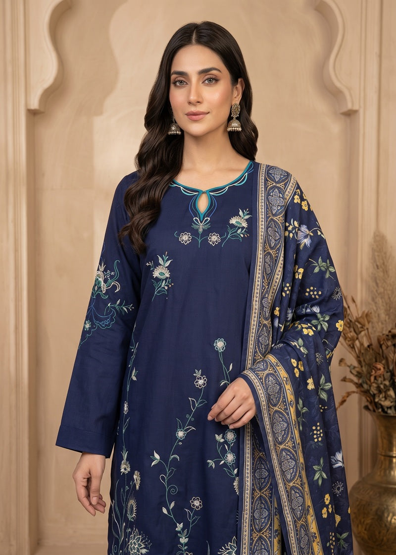 Midnight Bloom Embroidered Dhanak 3-Piece Suit