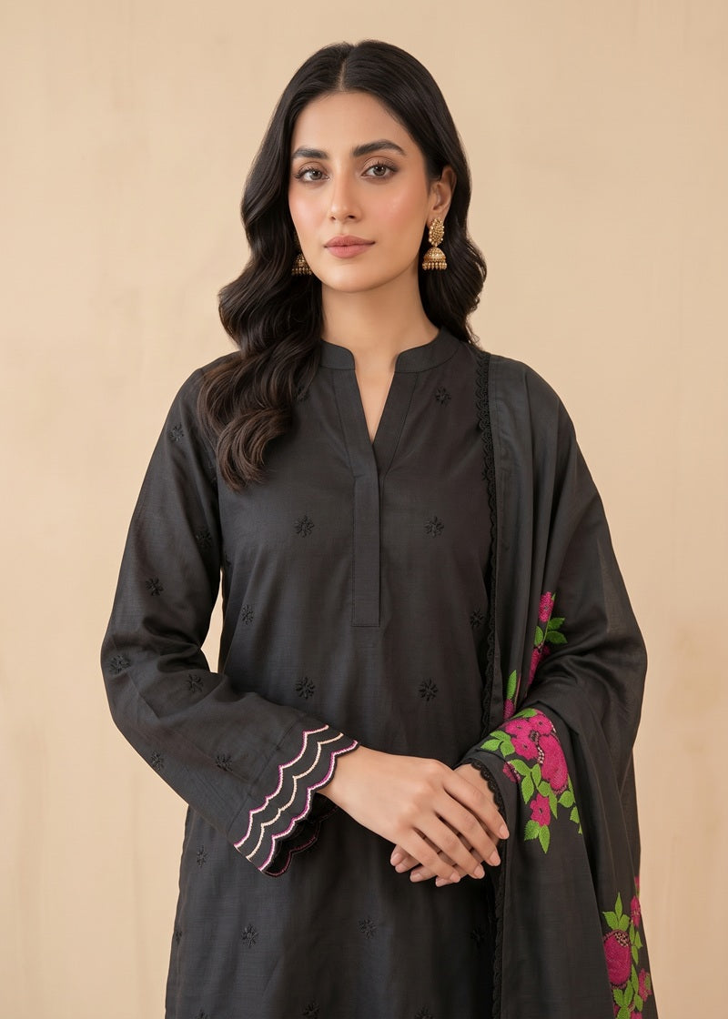 Midnight Bloom Embroidered 3-Piece Karandi Suit