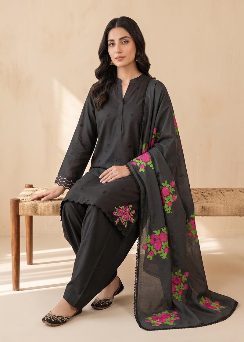Midnight Bloom Embroidered 3-Piece Karandi Suit
