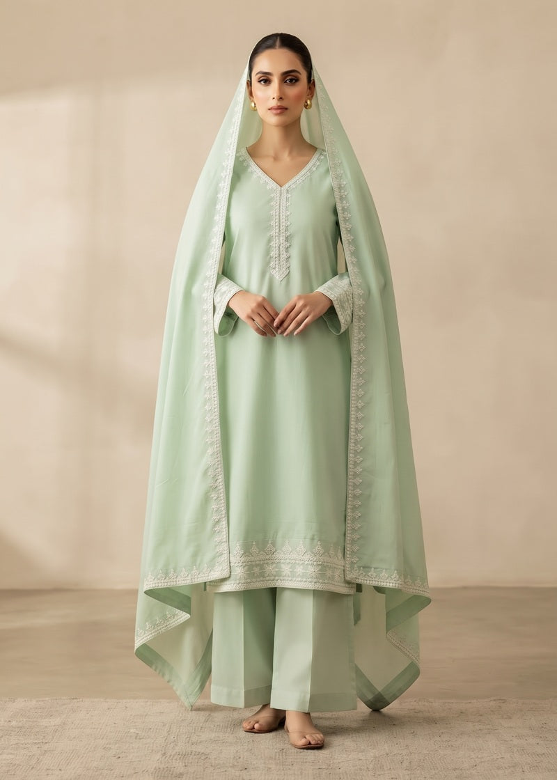 Mint Grace Embroidered 3-Piece Dhanak Suit