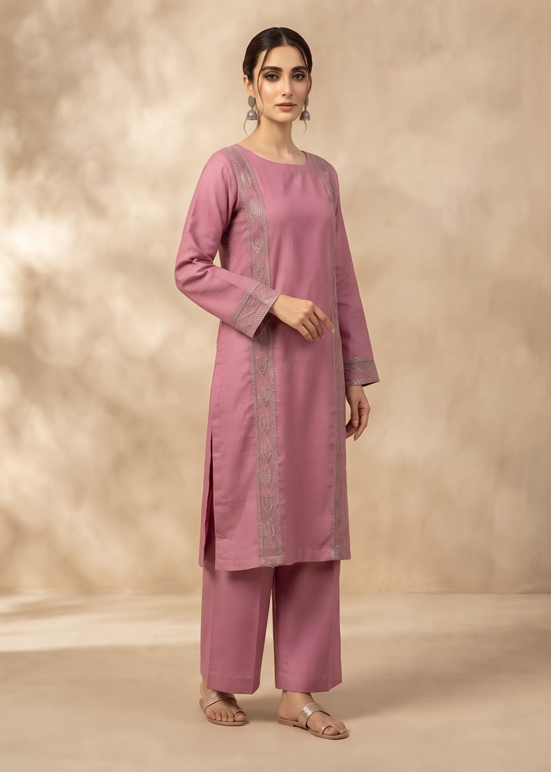 Rosewood Pink Embroidered khadar 2-Piece Suit