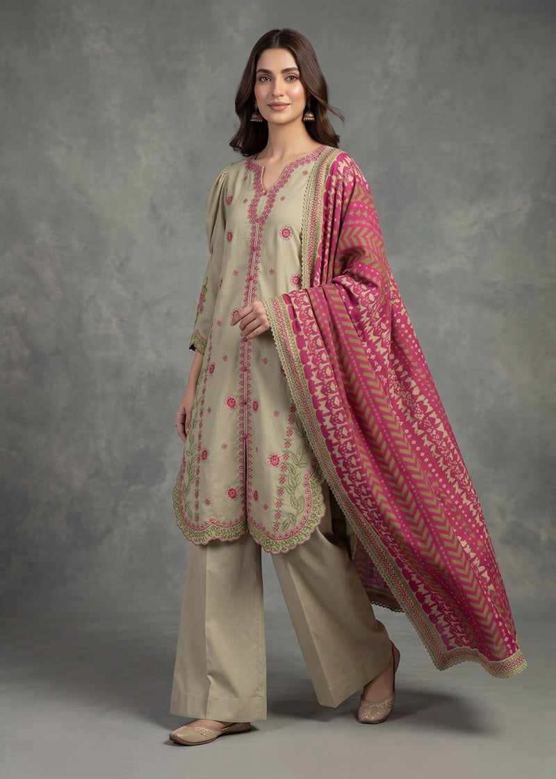 Sage Blossom Embroidered 3-Piece karandi Suit
