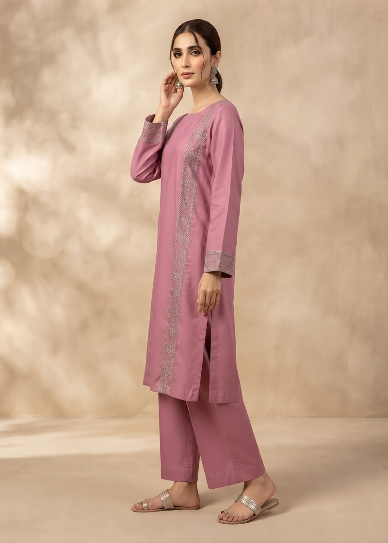 Rosewood Pink Embroidered khadar 2-Piece Suit