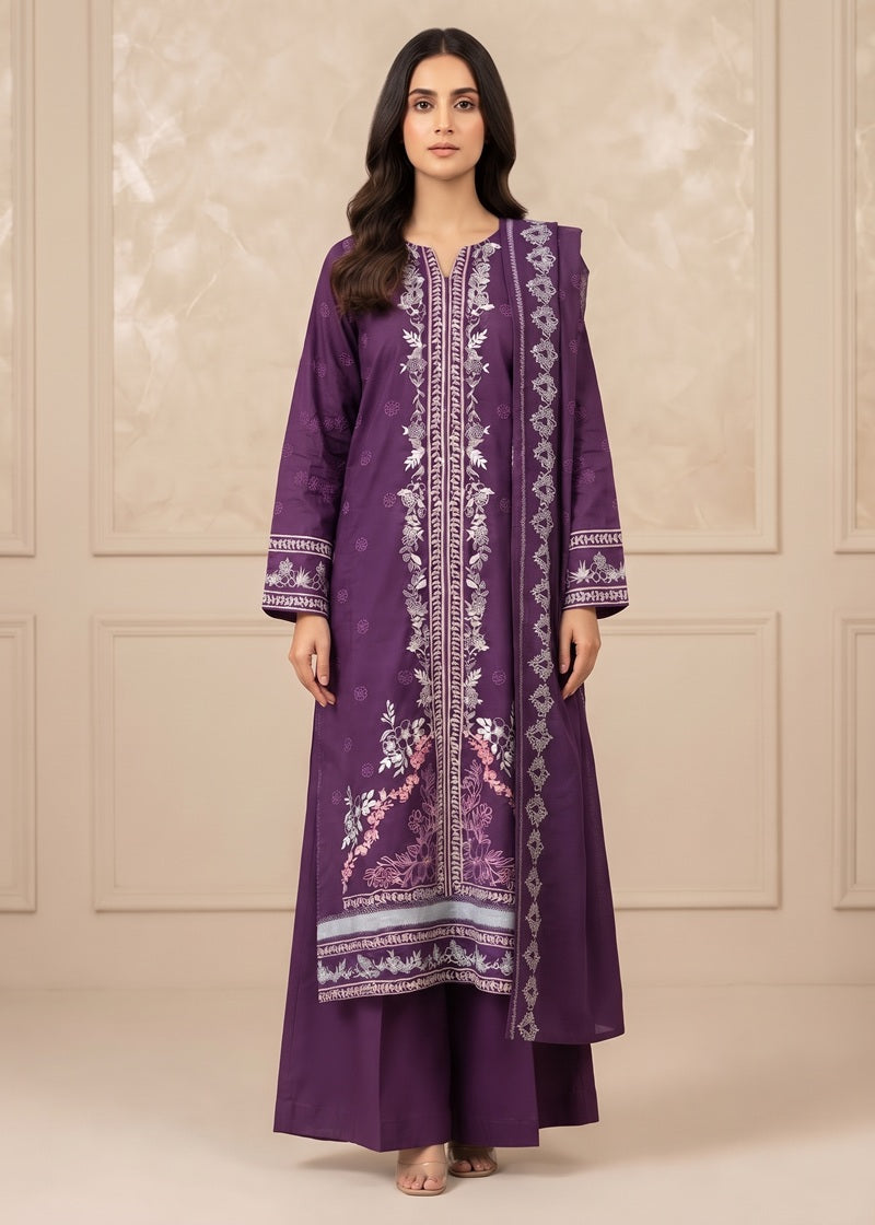 Royal Plum Embroidered Linen 3-Piece Suit