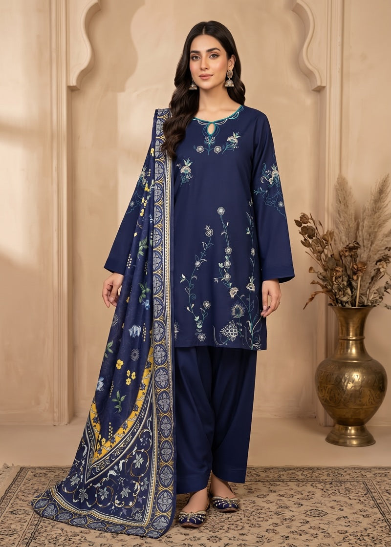 Midnight Bloom Embroidered Dhanak 3-Piece Suit