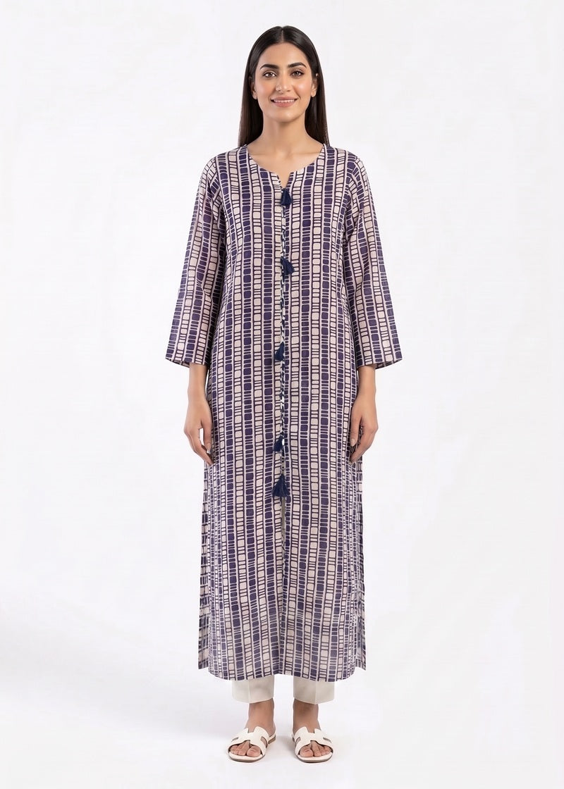 Navy Blue Geometric Printed Long Kurta