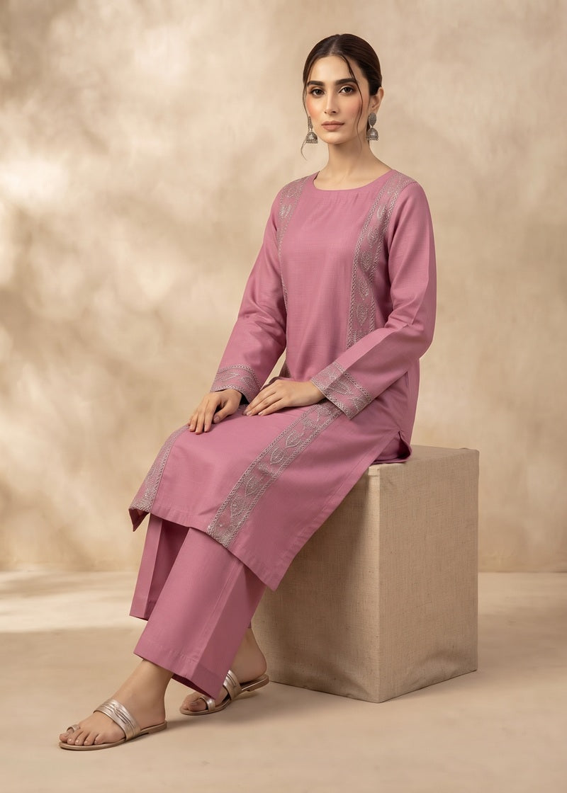 Rosewood Pink Embroidered khadar 2-Piece Suit