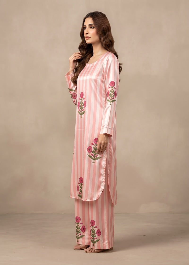 Rosé Bloom Striped Shamoz Silk 2-Piece Set