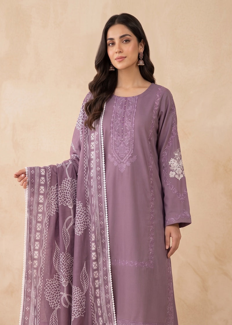 Mauve Elegance Embroidered 3-Piece Dhanak Suit