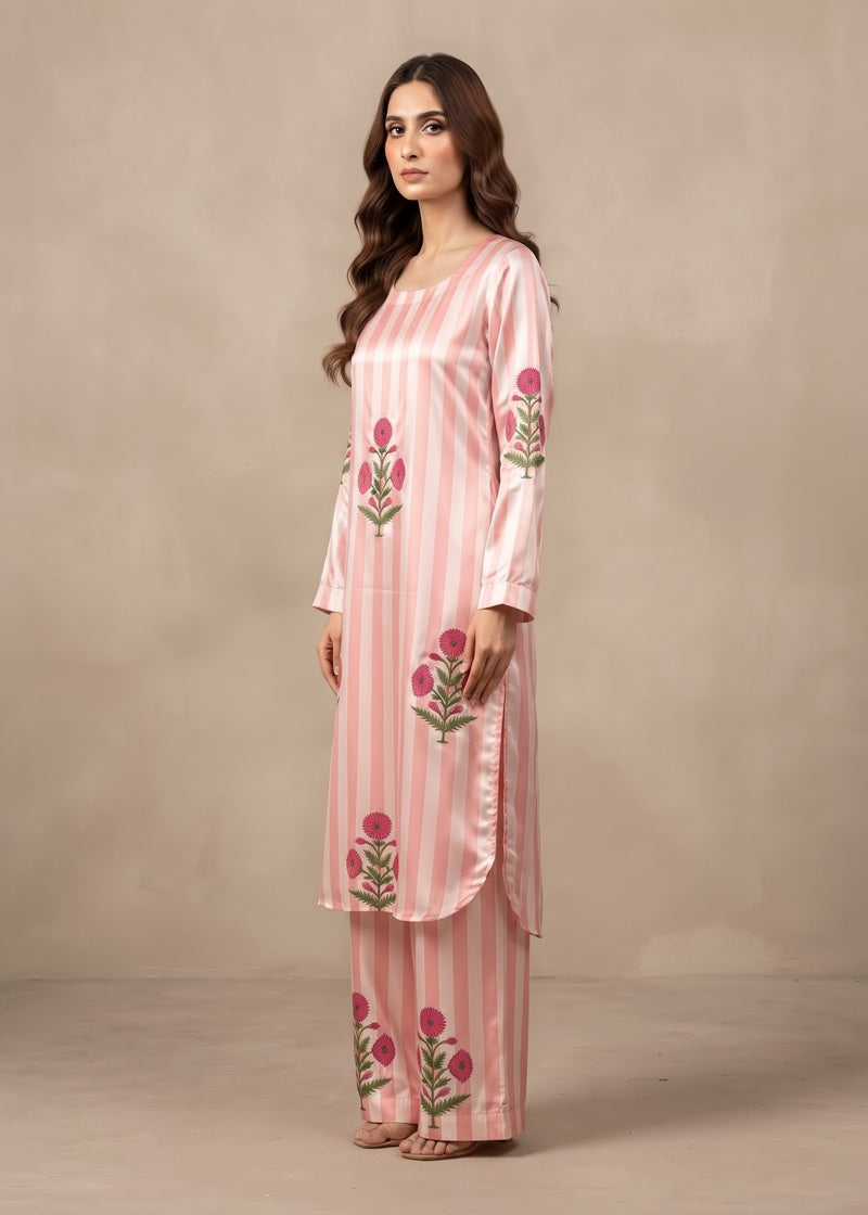 Rosé Bloom Striped Shamoz Silk 2-Piece Set