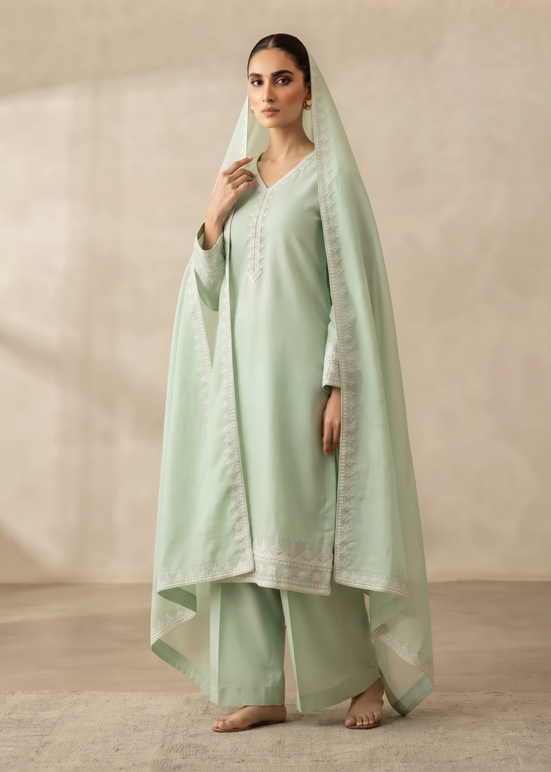 Mint Grace Embroidered 3-Piece Dhanak Suit