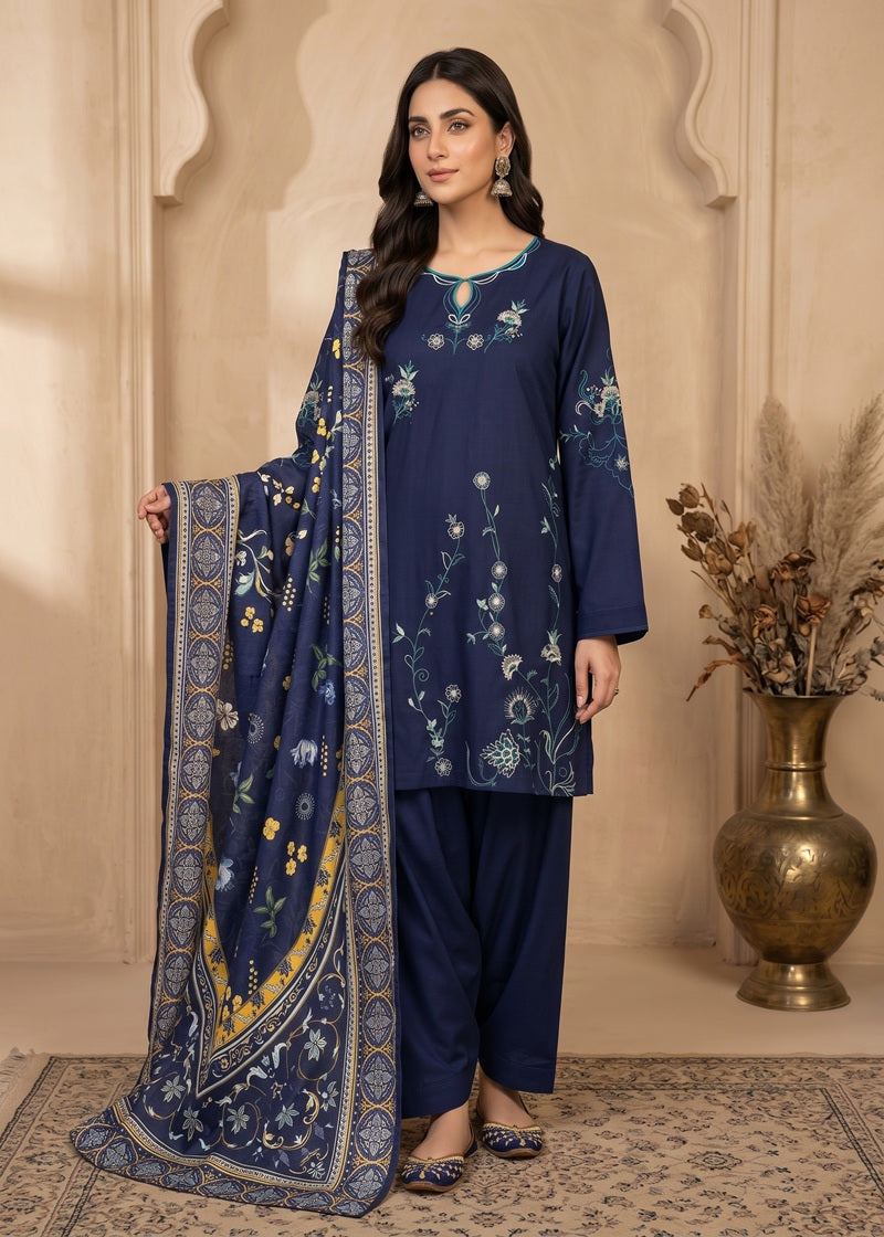 Midnight Bloom Embroidered Dhanak 3-Piece Suit
