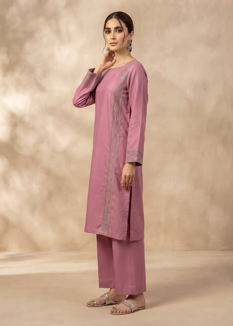 Rosewood Pink Embroidered khadar 2-Piece Suit