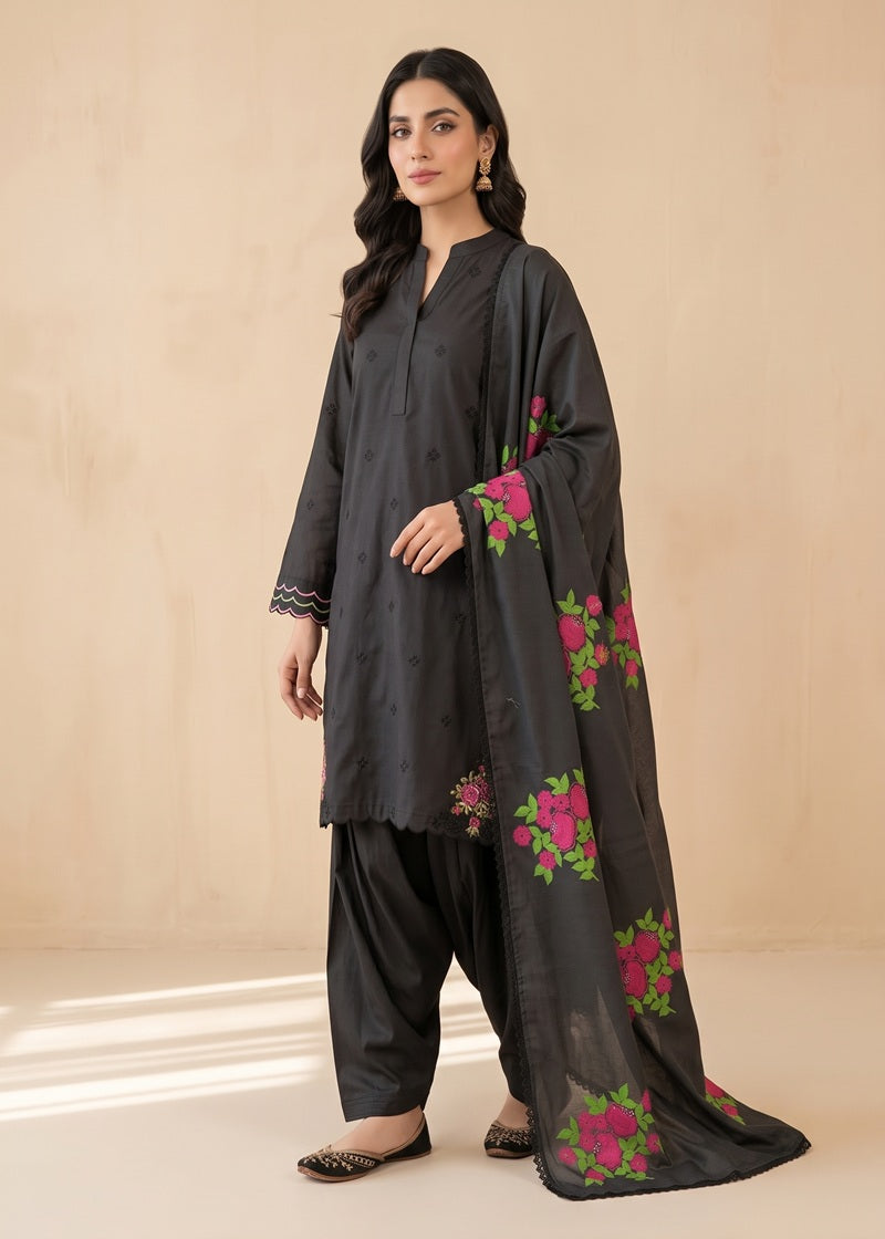 Midnight Bloom Embroidered 3-Piece Karandi Suit