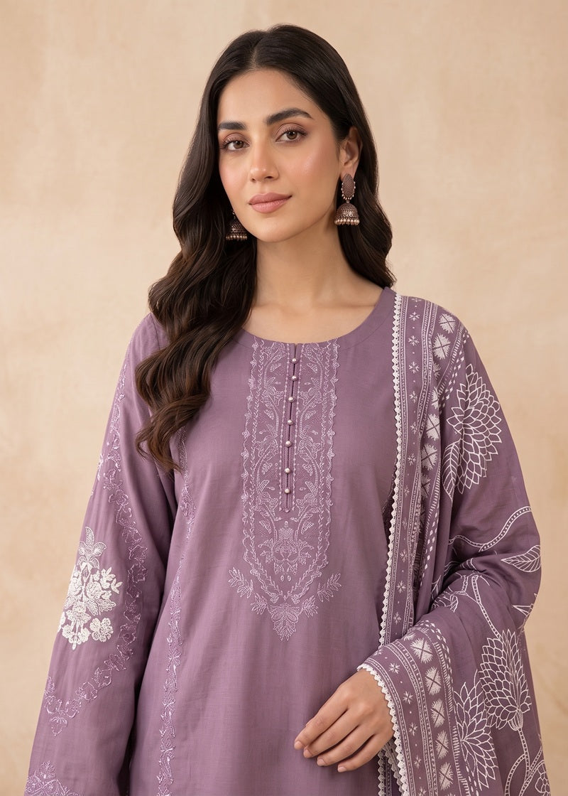 Mauve Elegance Embroidered 3-Piece Dhanak Suit