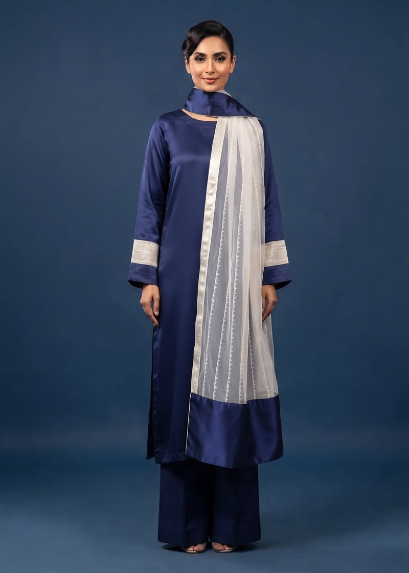 Navy Serenity Striped Shamoz Silk 3-Piece Suit