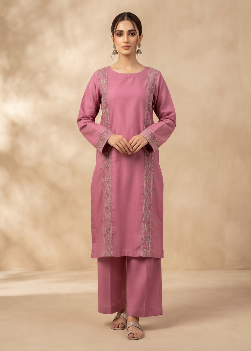 Rosewood Pink Embroidered khadar 2-Piece Suit