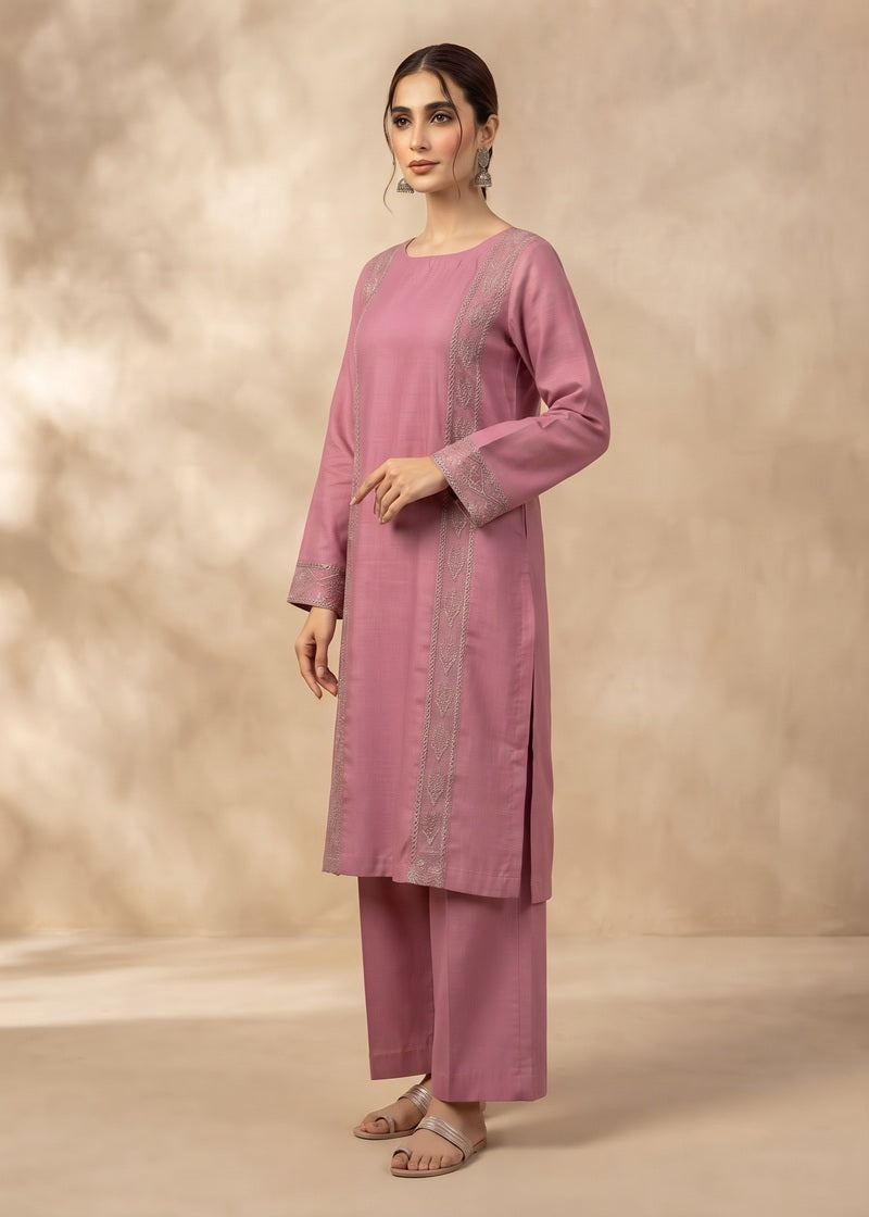 Rosewood Pink Embroidered khadar 2-Piece Suit