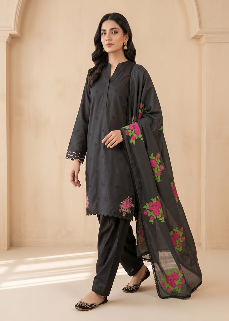 Midnight Bloom Embroidered 3-Piece Karandi Suit