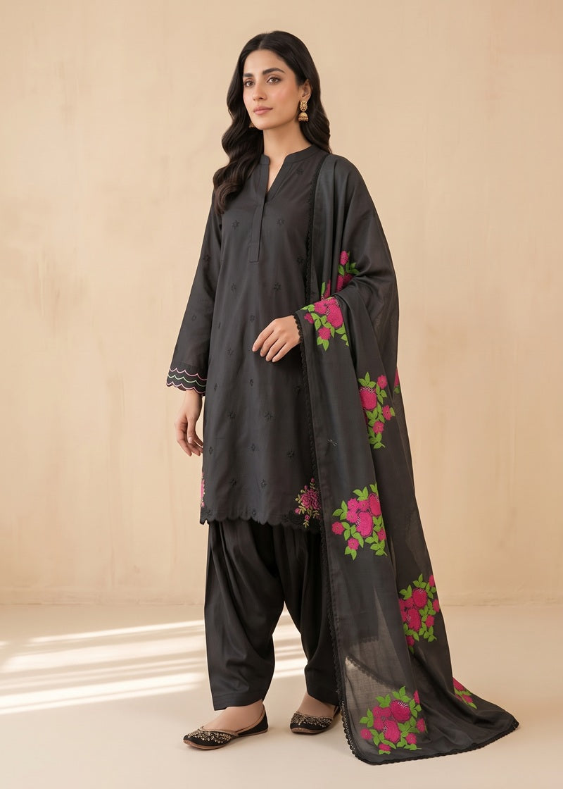 Midnight Bloom Embroidered 3-Piece Karandi Suit